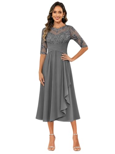 UIYPIWT Chiffon Mother of the Bride Dresses Tea Length Wedding Formal Dress Grey 2