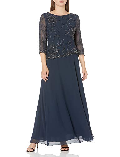 J Kara Women's Long Scoop Neck Asymetrical Beaded Dress, Navy/Shaded/Mercury, 14