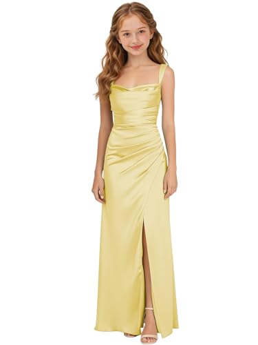 Raccua Spaghetti Straps Junior Bridesmaid Dresses for Wedding Satin Ruched Formal Flower Girl Dress Long Yellow Slit Prom Dress for Teens 11