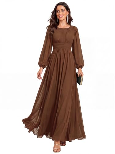 Ever-Pretty Women's Chiffon Long Sleeve Formal Wedding Guest Dresses Brown
