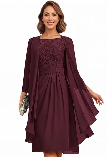 Tea Length Mother of The Bride Dresses for Wedding Burgundy Chiffon Grandmother of The Groom Dresses for Women with Sleeves 2026 Formal US Size 16