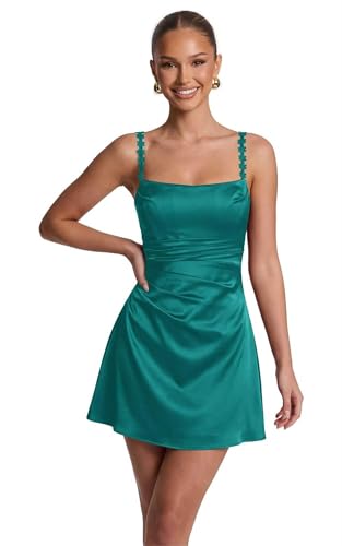 Yoelan Satin Short Homecoming Dresses for Teens 2026 Aqua Square Neck Flower Spaghetti Straps Pleated Cocktail Mini Prom Dress Size2