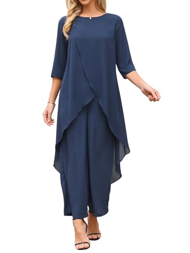 Seta T Women's 2 Piece Chiffon Sets Dressy Pantsuits High Low Top Pants Set
