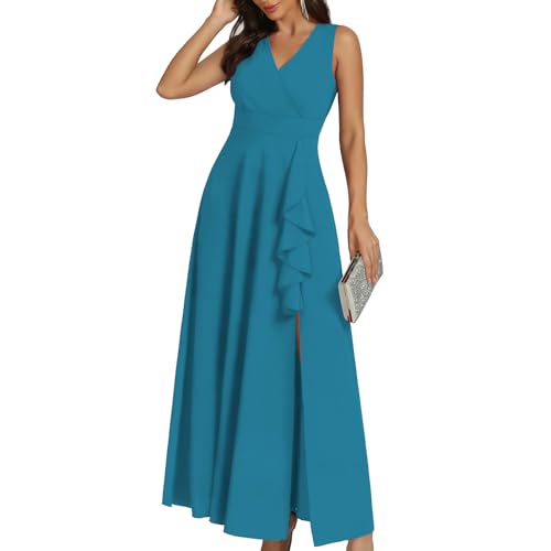 COOAN Women's Black Long Formal Dresses Cocktail Wedding Guest Dress Ruffle Split Elegant V Neck Party Gowns
