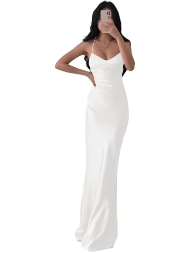Eightale White Satin Bridesmaid Dresses Long Mermaid Bodycon Backless Prom Dress for Women Maxi Sleeveless Backless Formal Evening Party Gown Size 0