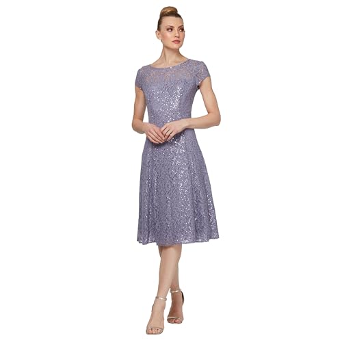 S.L. Fashions Women's Petite Tea Length Cap Sleeve Lace A-Line Dress, Mystic Heather Sequin, 6P