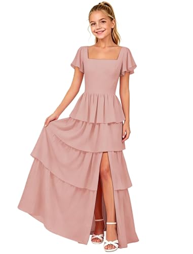 Junior Bridesmaid Dresses Square Neck Flower Girl Dress for Wedding Blush Pink Short Sleeves Tiered Chiffon Girls Ball Gown Dress Size 16