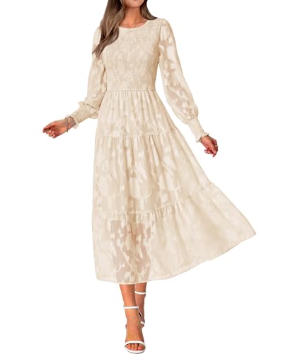 BTFBM Wedding Guest Dresses for Women Fall Fashion 2025 Casual Long Sleeve Floral Maxi Boho Homecoming Dress(Apricot,XX-Large)