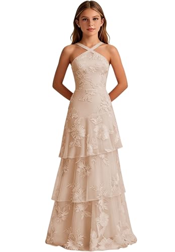 Champagne Junior Bridesmaid Dress Tiered Lace Girls Party Dresses Ruffle Halter Long Formal Evening Gowns for Girls 12-14