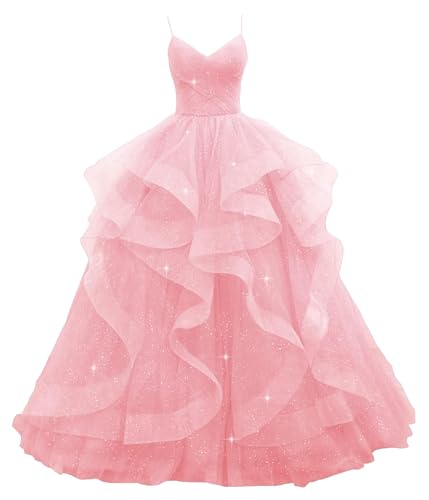Spaghetti Straps Pink Prom Dress Plus Size V Neck Puffy Prom Dresses 2026 Floor Length Tiered Ruffles Glitter Tulle Graduation Dress for Women