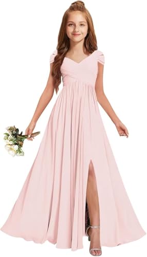 YGSY Off the Shoulder Jr Bridesmaid Dresses for Wedding Long A Line Flower Girl Dress for Wedding Guest Formal Dress Blush Pink Size 6