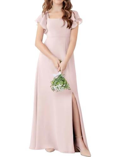 Gidionluck Junior Bridesmaid Dress with Ruffle Sleeves, High Slit Flower Girl Gown for Teens Blushing Pink-14