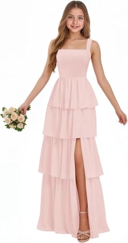 YGSY Tiered Junior Bridesmaid Dress Square Neck Blush Pink Flower Girl Dress Chiffon Long Evening Party Pageant Gowns Size 7