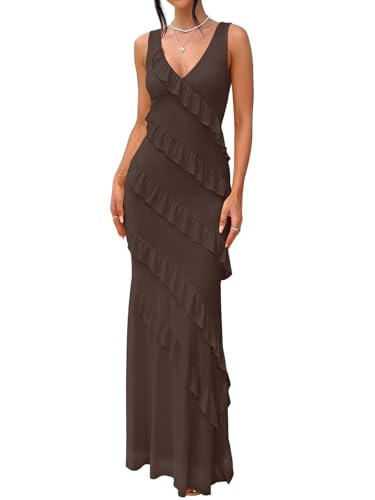 Vidiva Womens V Neck Mesh Ruffle Maxi Cocktail Wedding Guest Dresses Coffee