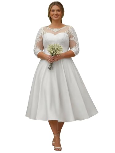 White Plus Size Tea Length Wedding Gowns for Bride Lace Appliques Bridal Dress Long Sleeve Boho Tulle Wedding Dresses Size 18W