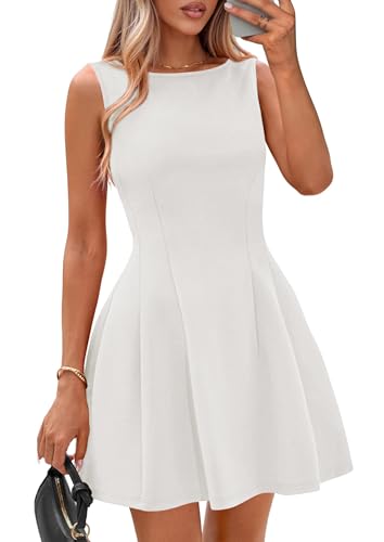 IWD Womens Boat Neck Sleeveless A Line Mini Dress 2026 Summer Spring Business Casual Cocktail Party Graduation Dress (White, Small)