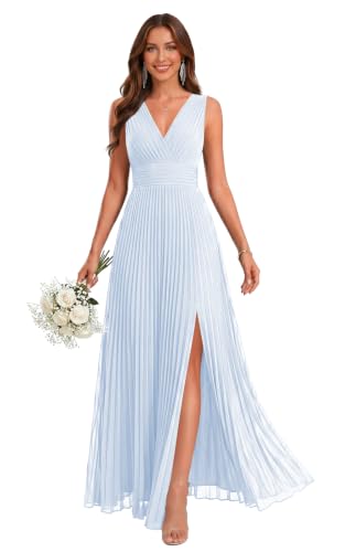 ieonoa Baby Blue V Neck Pleated Chiffon Wedding Guest Dresses