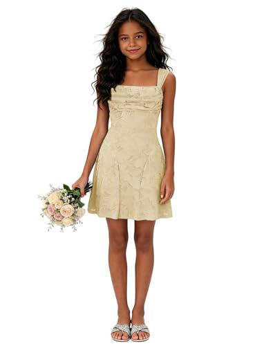 LEJOSEI Champagne Junior Bridesmaid Dresses for Teen Girls Formal Dress Size 8 Spaghetti Straps Flower Girl Dress for Wedding