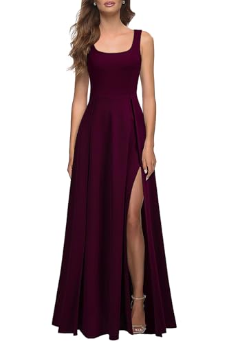 MUSHARE Women's Square Neck Sexy Split Cocktail Party Maxi Long Formal Dress Burgundy