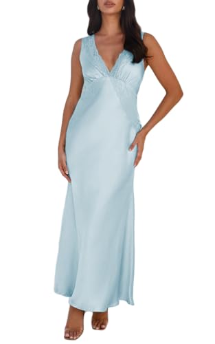 BAGONE Summer Satin Lace V Neck Backless Formal Wedding Guest Maxi Dresses