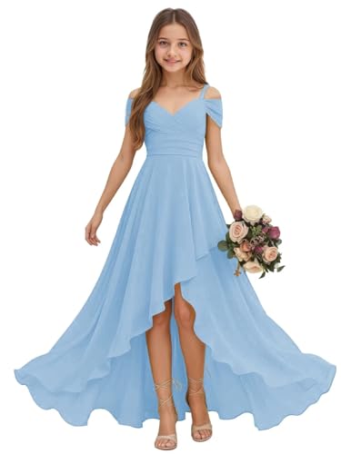 ZCOEXSO Off Shoulder Light Blue Junior Bridesmaid Dress for Girls Chiffon Flower Girl Dresses for Wedding Party Pageant Gowns Size 14