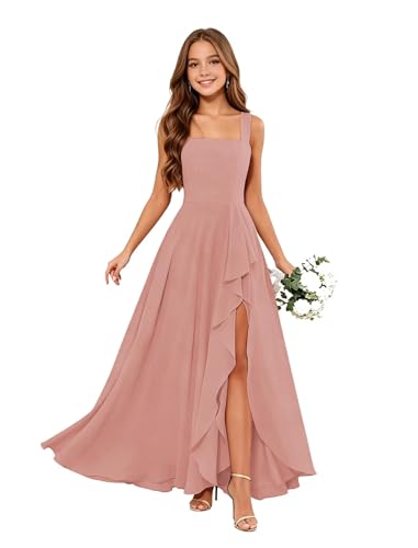 Junior Bridesmaid Dress Square Neck Blush Pink Flower Girl Dress Chiffon A Line Prom Dresses for Teen Girls Formal Dress Size 10-15