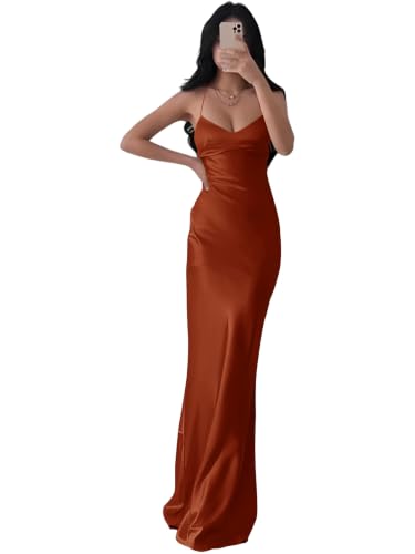 Eightale Satin Burnt Orange Bridesmaid Dress for Women Long Mermaid Bodycon Tight Prom Dresses Backless Spaghetti Straps Slip Maxi Formal Evening Party Gowns Size 0