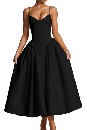 Memoriesea Women's Elegant V Neck Spaghetti Strap A Line Ruched Wedding Party Midi Dress Black