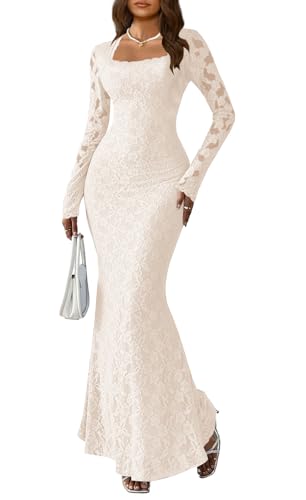 MITILLY Formal Wedding Guest Dress Long Sleeve Evening Gown, Ivory, S