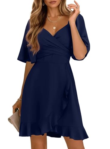Dokotoo Women's Wrap V Neck Short Flared Sleeve Smocked Elastic Waist Tiered Belted Ruffle Hem Party Short Dress Wedding Guest Dress Navy Blue M