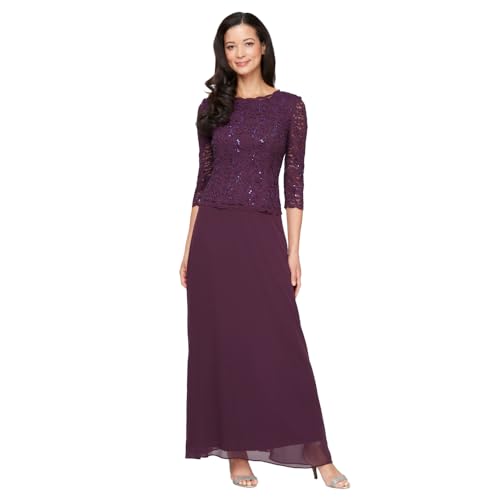 Alex Evenings Women's 3/4 Sleeve Stretch Lace Bodice One Piece Mother of the Bride Dress (Petite and Regular Sizes), Deep Plum, 12