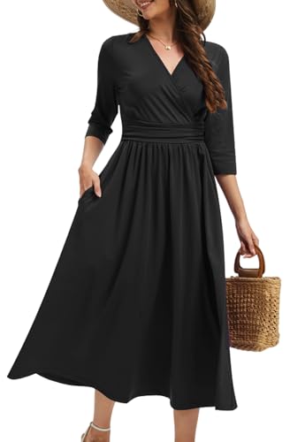 Black Church Dress for Women A-Line V Neck 3/4 Sleeve Everyday Cocktail Wedding Midi Casual Dresses with Pockets 544 Black_X-Large