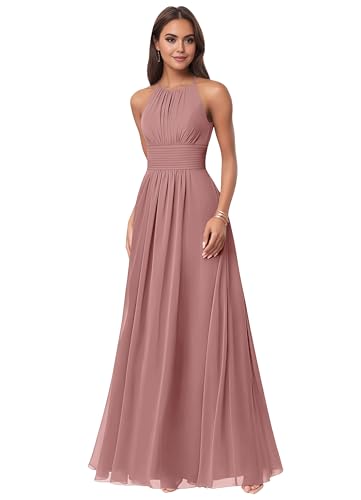 Women's Chiffon Halter Dusty Rose Bridesmaid Dresses Long for Wedding 2025 A Line Formal Gowns US0