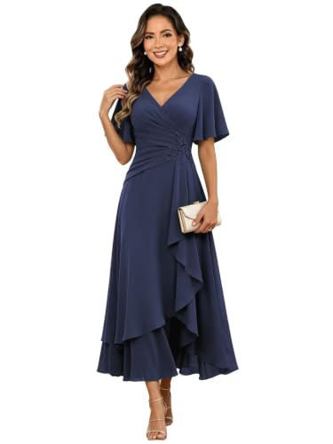 Azqncr Lace Tea Length Ruffle V Neck Mother of the Bride Dress with Sleeves