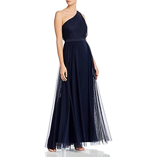 Aidan Mattox Womens Navy Zippered Pleated Banded Waist Sleeveless Asymmetrical Neckline Full-Length Formal Gown Dress 0