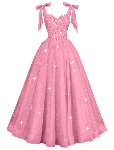 I2USHOP Long Prom Dress 2026 Spaghetti Straps Ball Gown Lace Appliques Prom Dresses with Bow Sweetheart Wedding Gowns for Women Dusty Pink