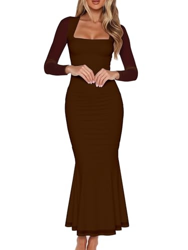 Women's Ruched Bodycon Long Sleeve Wedding Guest Maxi Dress,L,Coffee