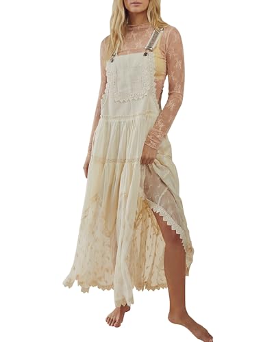 Gacaky Summer Dress for Women Casual Floral Embroidered Bohemian Dress Adjustable Straps Bib Maxi Flowy Dresses with Pockets Beige XL