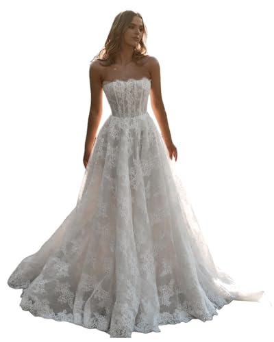 White Strapless Boho Wedding Dresses for Bride Tulle Sleeveless Bridal Gown Wedding Gowns with Train Size 4
