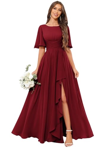 FLOWPRETTY Chiffon Bridesmaid Dresses with Sleeves Ruffle Wedding Guest Dress with Slit Burgundy Size M