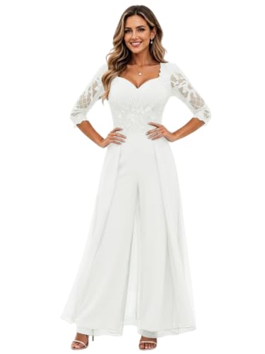 Mother of the Bride Dresses Pant Suits V Neck Formal Jumpsuits Outfit Sets for Wedding Guest Groom Gowns Lace 3/4 Sleeve Ivory