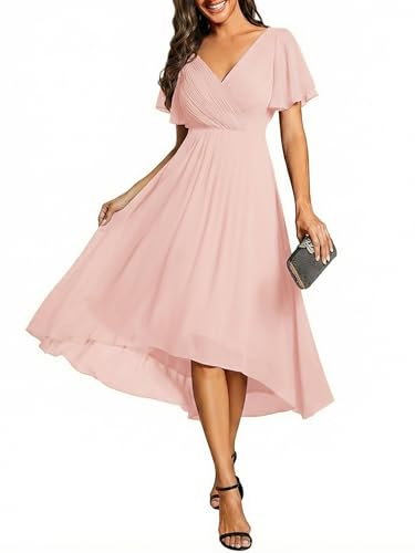 Ever-Pretty Women's Summer Chiffon Formal Wedding Guest Dresses Pleated V-Neck Short Sleeves Cocktail Dress Pink US10