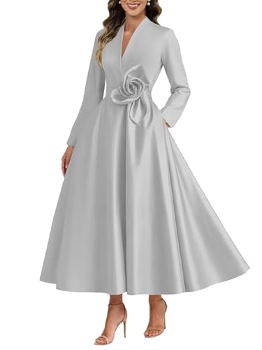 Caodip Tea Length Satin Mother of The Groom Dresses for Women V Neck Elegant Long Sleeve Mother of The Groom Dress for Wedding A Line Silver US14