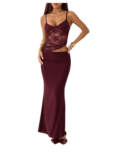 Milumia Women's Petite 2 Piece Maxi Skirt Set Sexy Cut Out Lace Dresses