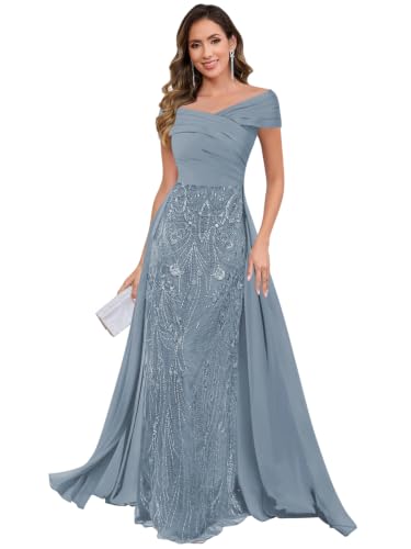 Sxvviae Modest Grandmother of the Groom Dresses Long Dusty Blue Chiffon Sparkly Evening Dresses Sequin Maxi Formal Gown for Women US12