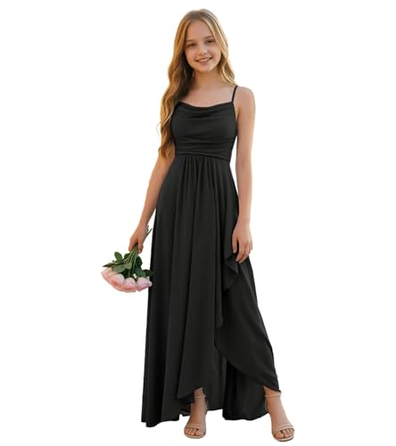 FLwuhui Junior Bridesmaid Dresses Spaghetti Straps Chiffon Flower Girl Dresses Black Wedding Party Pageant Gown US14
