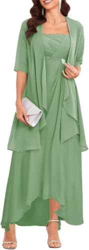 Two Pieces Chiffon Mother of the Bride Dress Sleeveless High Low Lace Up Back Wedding Guest Dress Sage Green