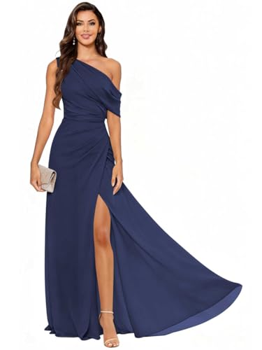 BBOQDA Chiffon Bridesmaid Dresses Long for Women Navy Blue One Shoulder A Line Maxi Gown with Slit Size8