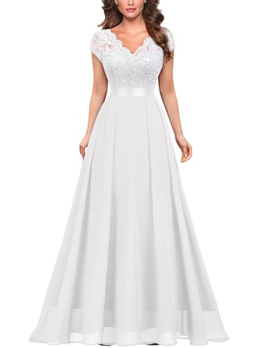 Miusol Women's Elegant V-Neck Cap Sleeve Sequined Floral Lace Formal Party Maxi Dress (Medium, White)