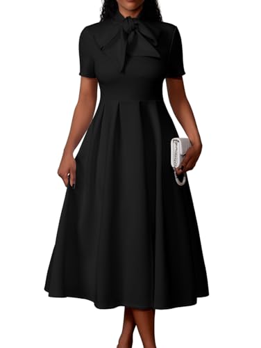 Memoriesea Women's Elegant Casual Short Sleeve Work Party A-Line Dress with Pockets Black